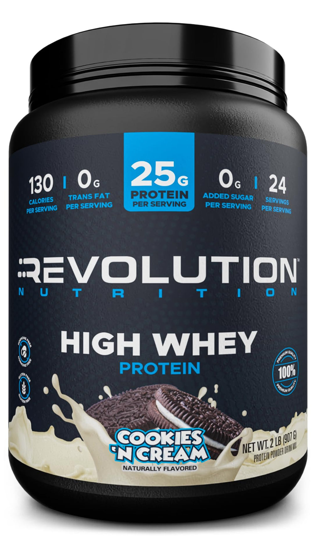 Revolution Nutrition High Whey jar front shows premium protein for daily muscle support.
