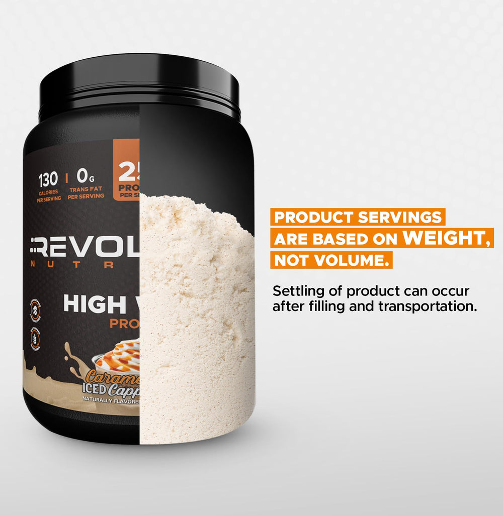 Revolution Nutrition High Whey powder texture close-up reveals premium protein grains