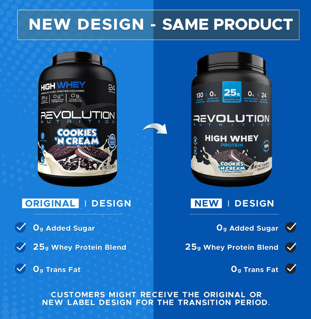 Revolution Nutrition High Whey scoop dispensing demonstrates convenient 25 g servings.