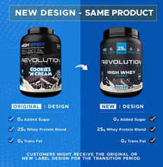 Revolution Nutrition High Whey scoop dispensing demonstrates convenient 25 g servings.