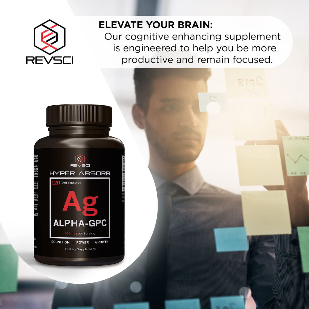 Revolution Science Alpha GPC label info, emphasizing product quality and USA manufacturing.