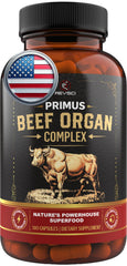 Revolution Science PRIMUS bottle front shows branding and Grass-fed beef liver capsules for energy support