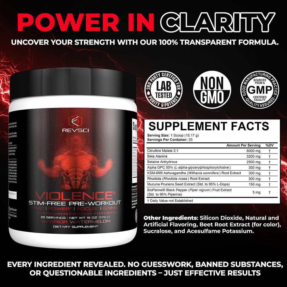 Violence non-stim preworkout glass mix ready for training preparation.