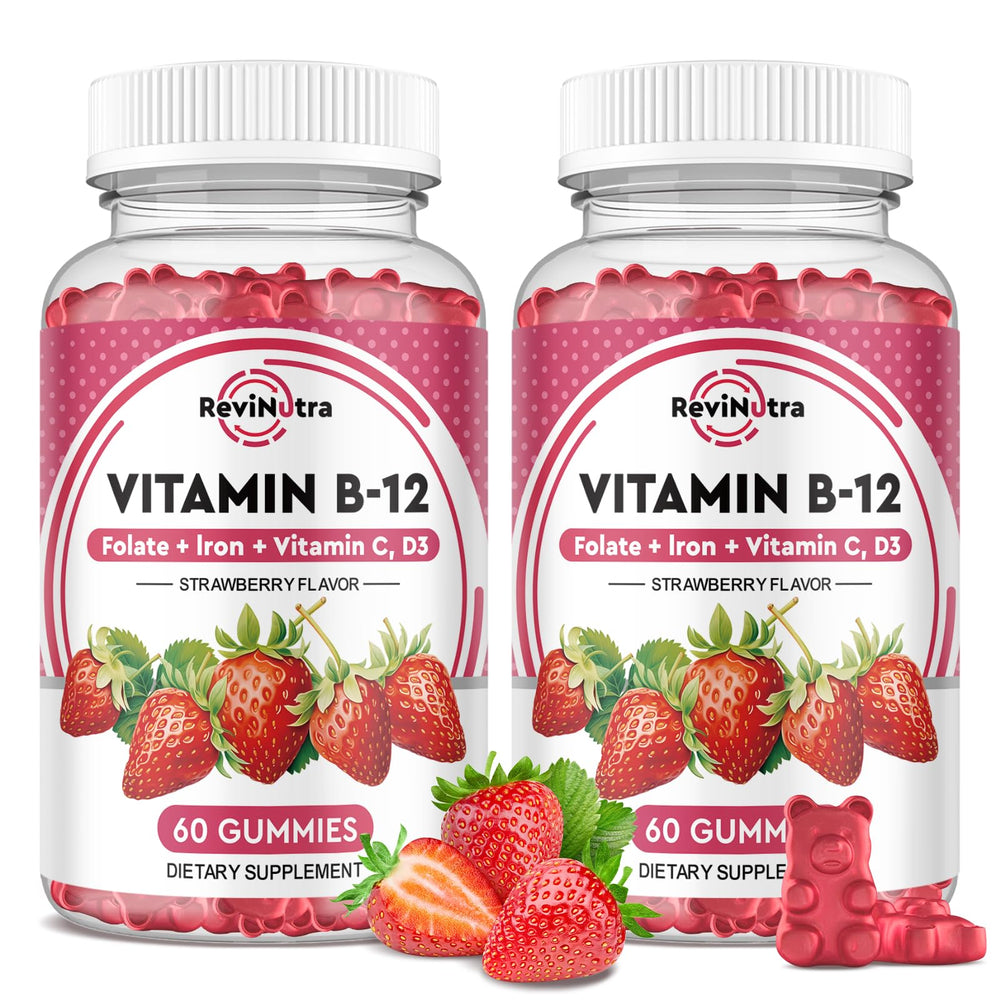 ReviNutra Vitamin B12 Gummies bottle with strawberry flavor for natural energy support.
