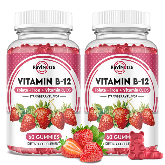 ReviNutra Vitamin B12 Gummies bottle with strawberry flavor for natural energy support.