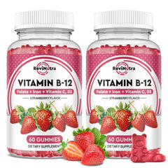 ReviNutra Vitamin B12 Gummies bottle with strawberry flavor for natural energy support.