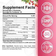 ReviNutra B12 gummies close-up showing 5000 mcg potency and strawberry taste.