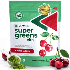 Rewind best-tasting super greens bottle showcases vibrant cherry flavor for daily wellness