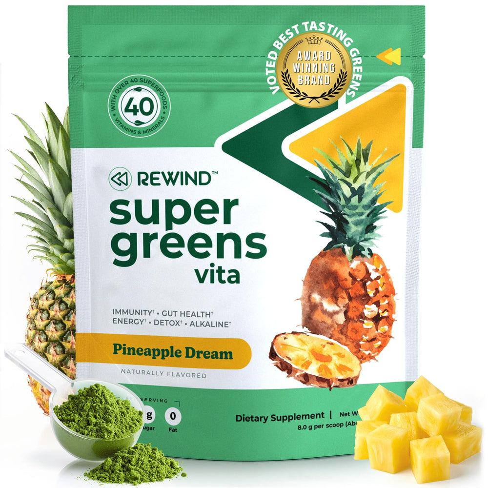 Rewind super greens pineapple bottle pour shows convenient daily nutrition in a refreshing drink.