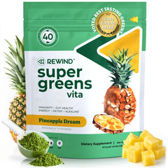 Rewind super greens pineapple bottle pour shows convenient daily nutrition in a refreshing drink.