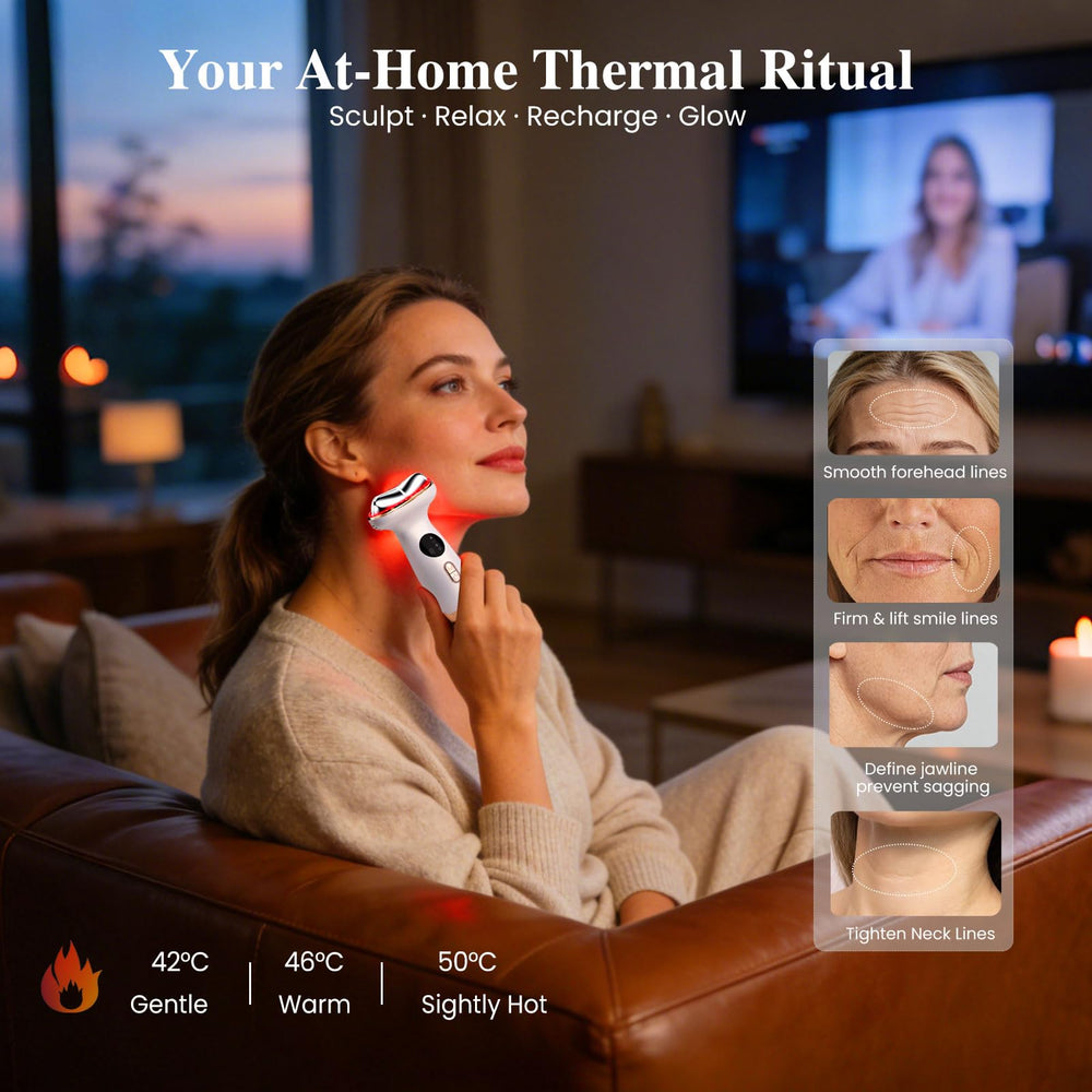 RFVDC contour-hugging metal head aligned with jawline for lifting feel.