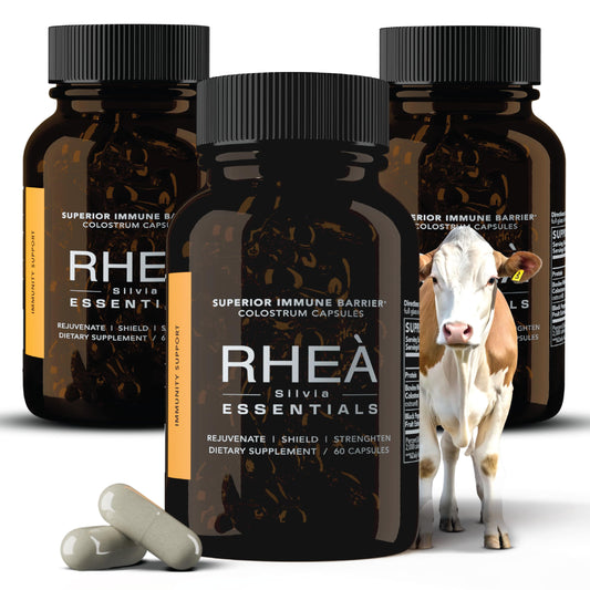 RHEASILVIA Rhea colostrum capsules bottle for daily immune and digestive support.