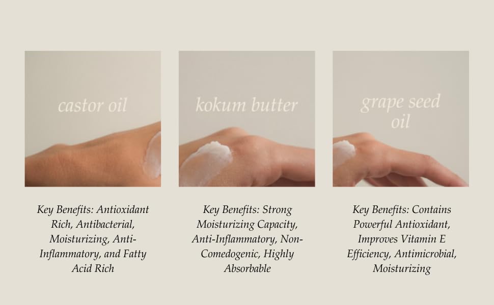 Rhemede Restoration Balm ingredients splash highlighting castor oil and kokum butter