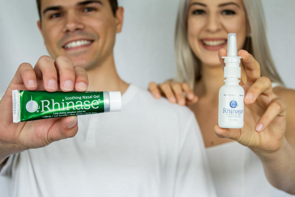 Rhinase nasal mist spray action demonstrates gentle spray for moisturized nasal passages.