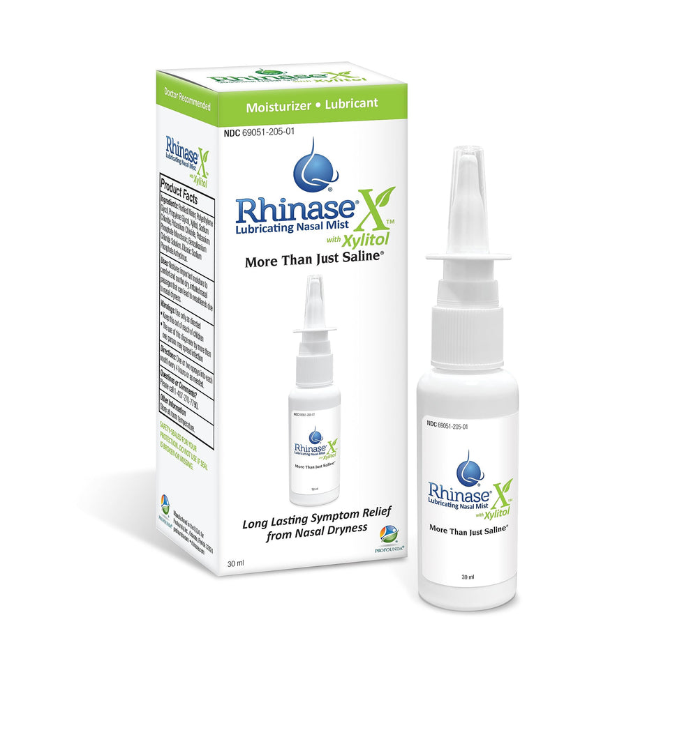 Rhinase X Mist xylitol ingredient label highlights natural moisture support.