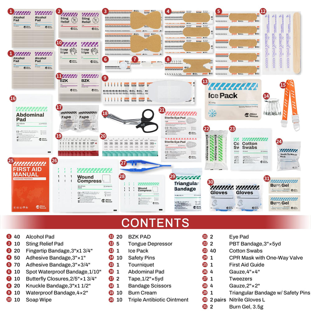 Rhino Rescue bandages and gauze pads stop minor injuries and protect skin.