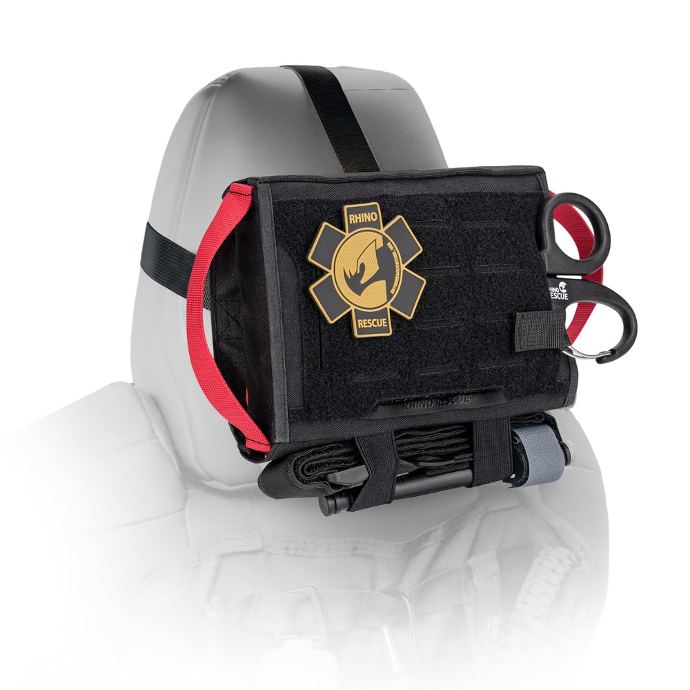 RHINO RESCUE car IFAK headrest mount enables rapid access to gear.