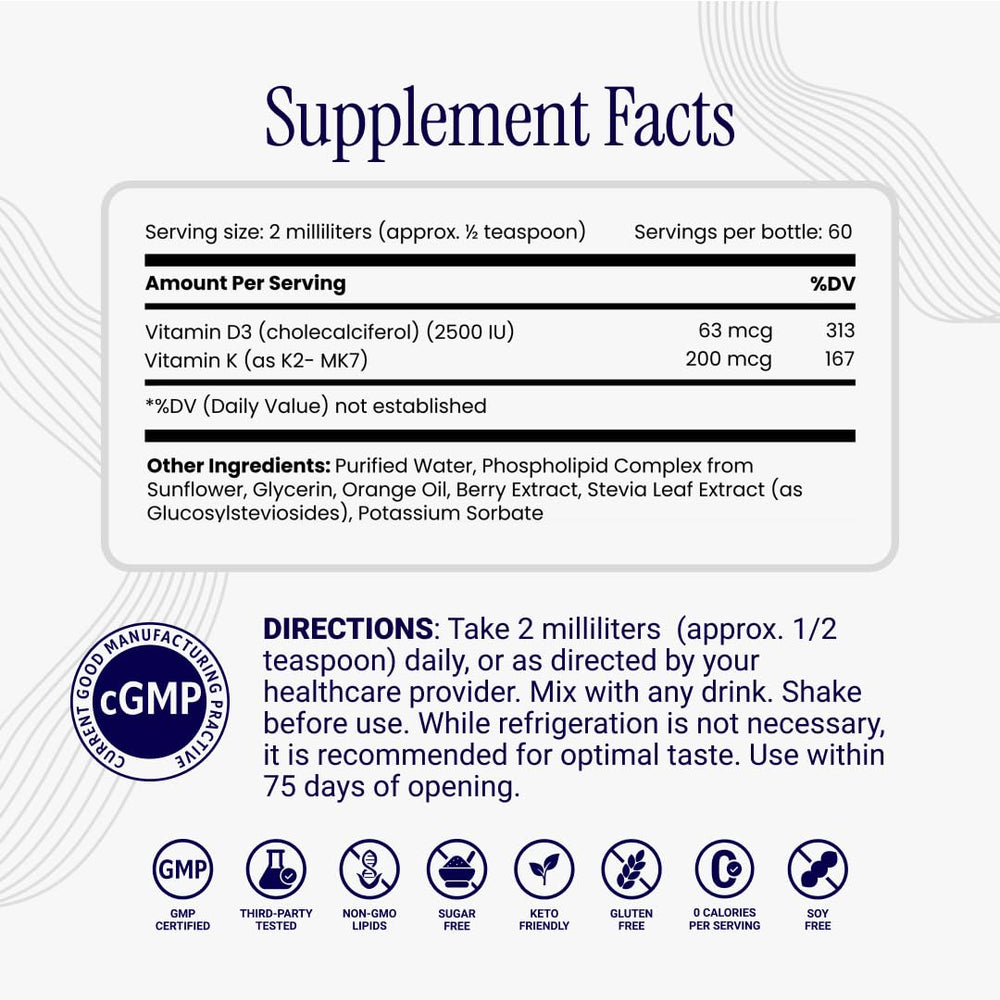 Rho Nutrition Berry-flavored D3K2 sip suggests convenient daily intake.