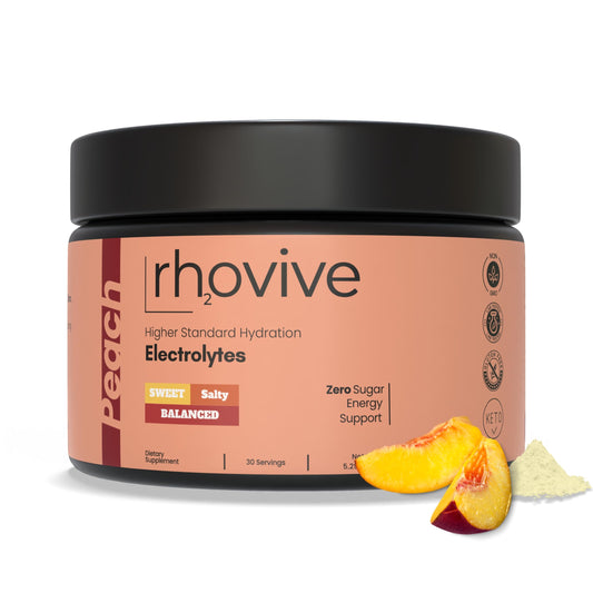 Rhovive Electrolyte Powder bottle with raspberry flavor for on-the-go hydration and performance support.