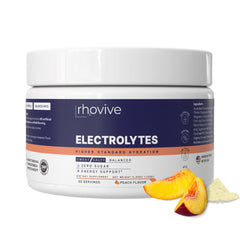 Rhovive electrolyte scoop beside bottle highlights zero sugar and clean ingredients.