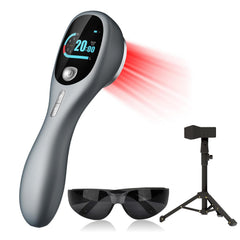 RICIAL handheld red-light wand with stand enables hands-free therapy sessions.