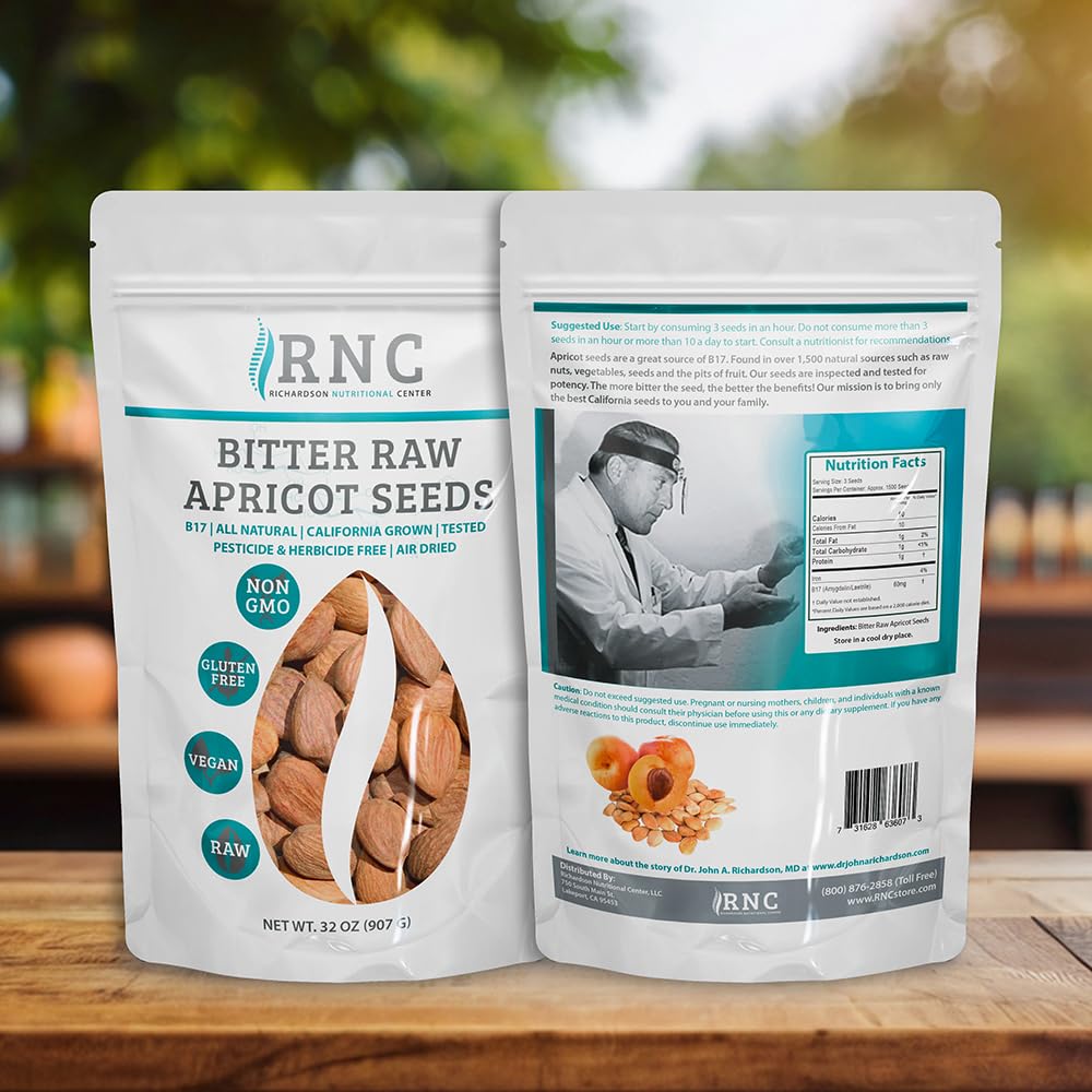 Richardson Nutritional Center apricot seeds bag, vibrant kernels, great source of omega fatty acids.