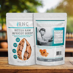 Richardson Nutritional Center apricot seeds bag, vibrant kernels, great source of omega fatty acids.