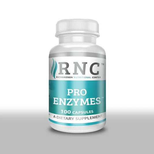 Richardson Pro Enzymes bottle front shows easy-to-take capsules for daily digestive support.