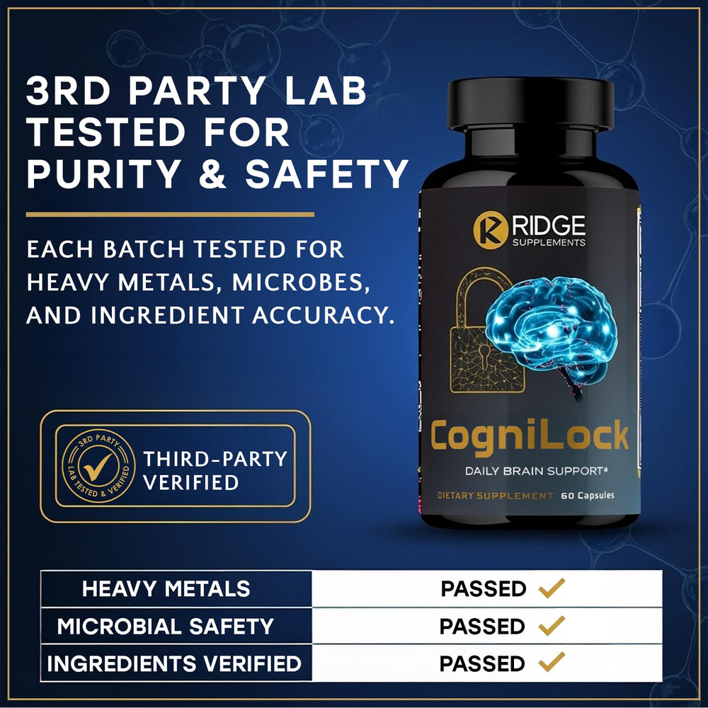 RIDGE SUPPLEMENTS CogniLock vegan-friendly seal on packaging.