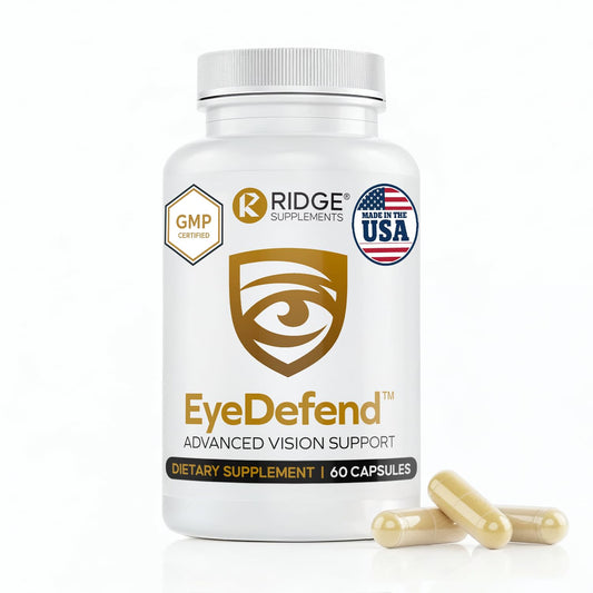 RIDGE SUPPLEMENTS EyeDefend bottle front showcases lutein and bilberry for eye support