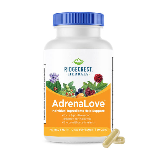 RidgeCrest AdrenaLove bottle front with vegan capsules for daily energy support