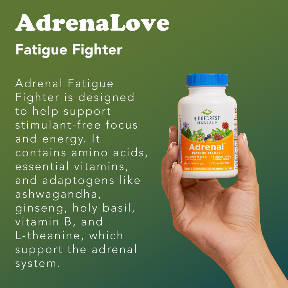 RidgeCrest AdrenaLove bottle on wood surface for everyday wellness