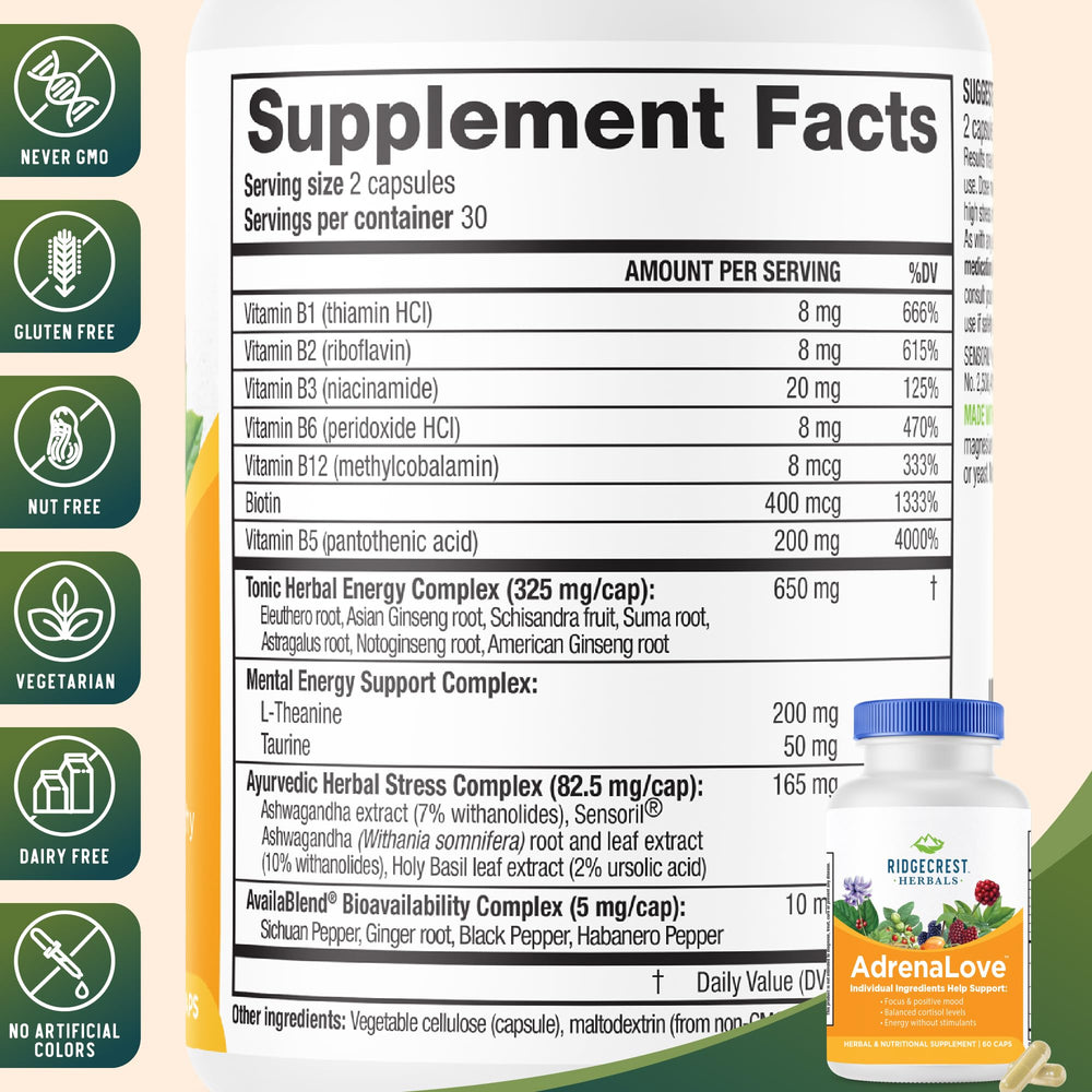 RidgeCrest AdrenaLove capsules close-up showing plant-based formula
