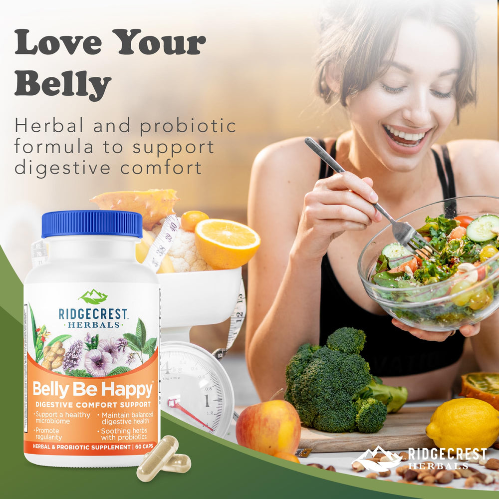 RidgeCrest Belly Be Happy packaging shot emphasizing US-made quality and testing