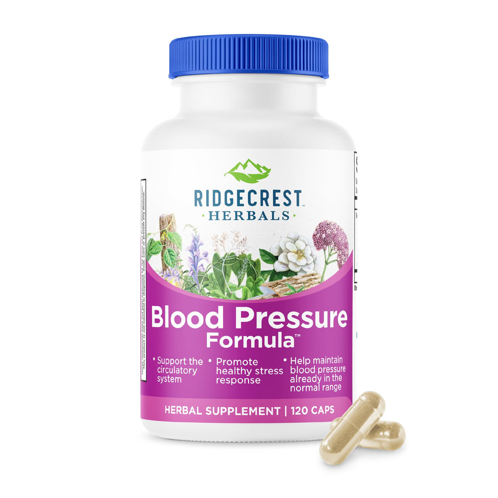RidgeCrest Blood Pressure Formula bottle label shows 120 capsules for daily circulatory support.