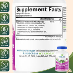 RidgeCrest Blood Pressure Formula ingredients close-up highlighting a 12-herb blend for circulatory balance.