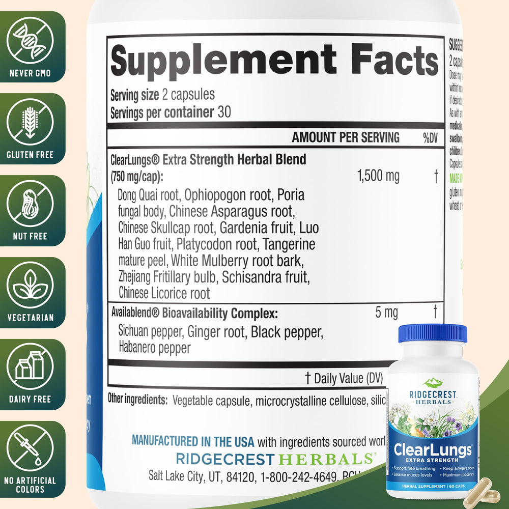 RidgeCrest ClearLungs capsules close view for everyday lung support.