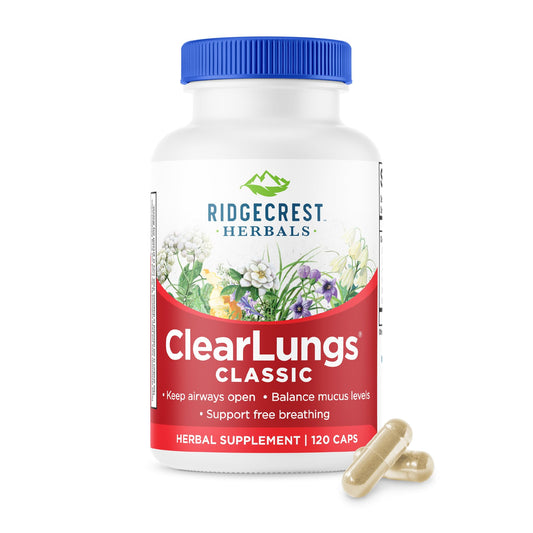 RidgeCrest ClearLungs Classic bottle front for daily respiratory support.
