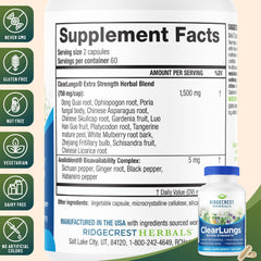 RidgeCrest ClearLungs label closeup highlights key ingredients for lung support.