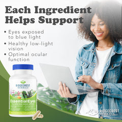 RidgeCrest EssentialEyes capsules close-up highlighting vegan formulation for eye health.