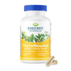 Ridgecrest ThyroNourish bottle label highlights key herbs and minerals for energy support.