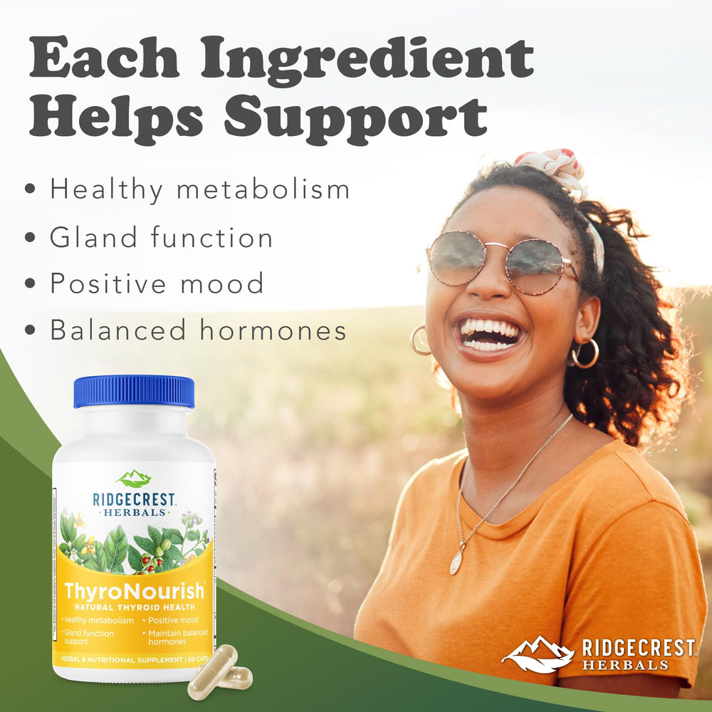 Ridgecrest ThyroNourish pills closeup, convenient daily capsules.