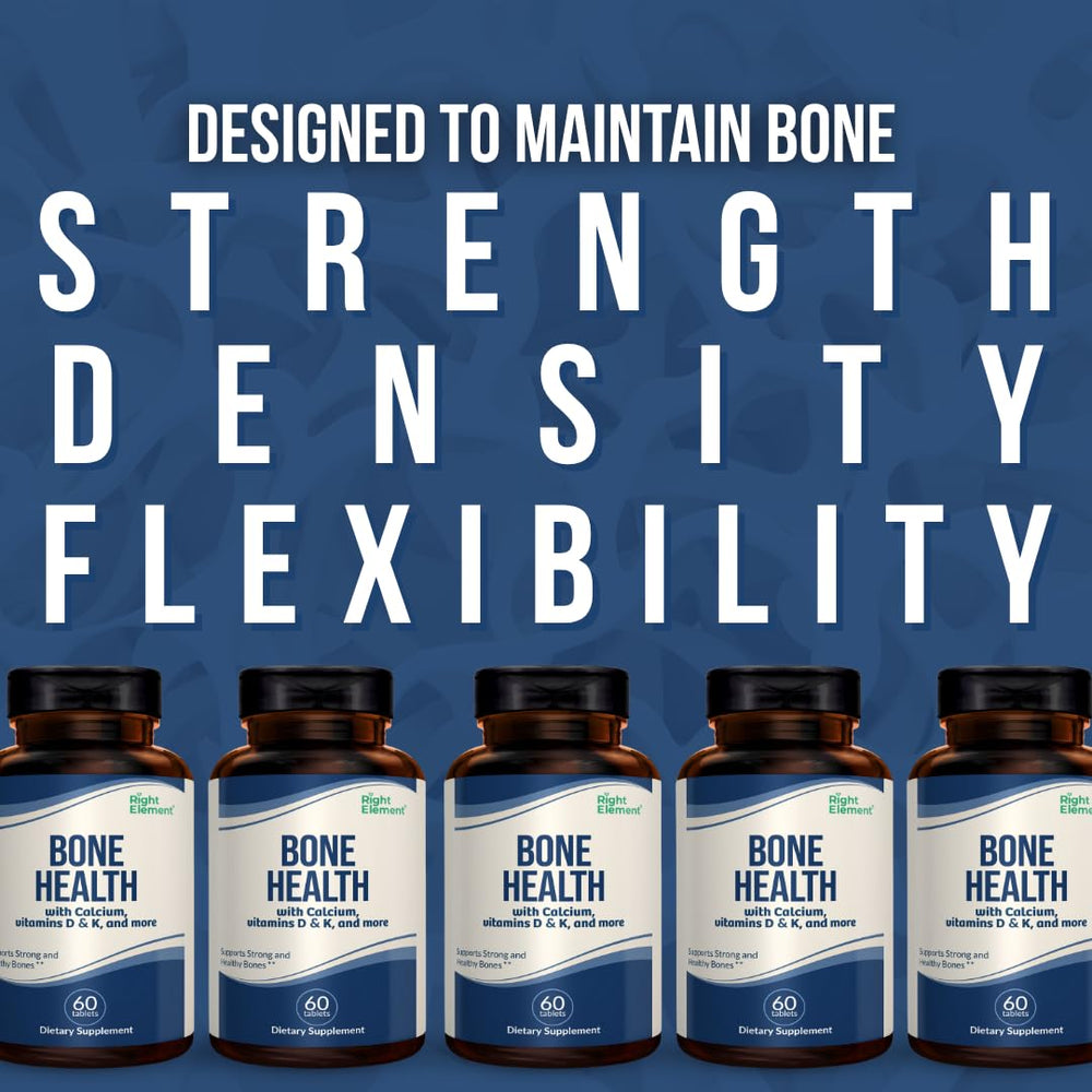 Right Element bottle label shows ingredients like calcium and vitamin D3 for absorption
