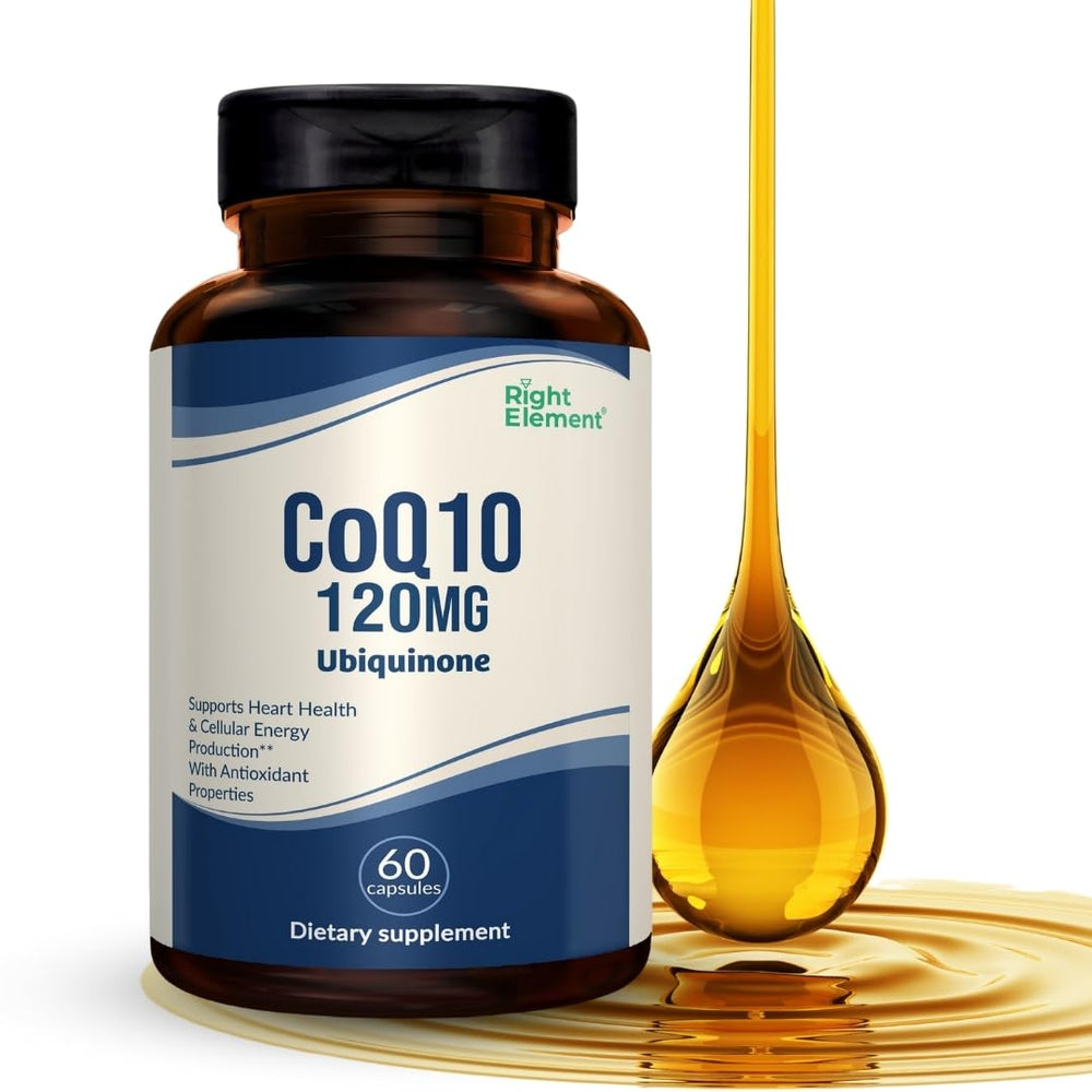 RIGHT ELEMENT CoQ10 120mg bottle front supports daily energy and antioxidant activity.