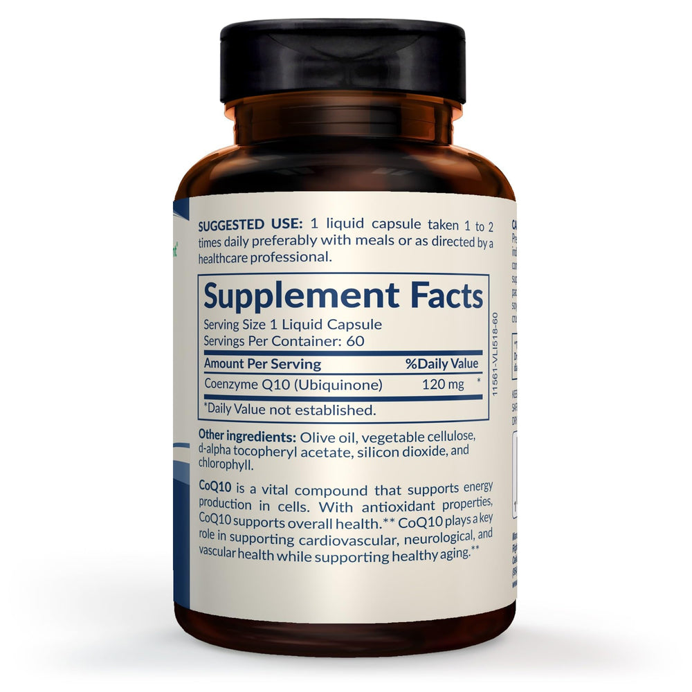 RIGHT ELEMENT CoQ10 120mg bottle side displays compact capsule design for easy swallowing.