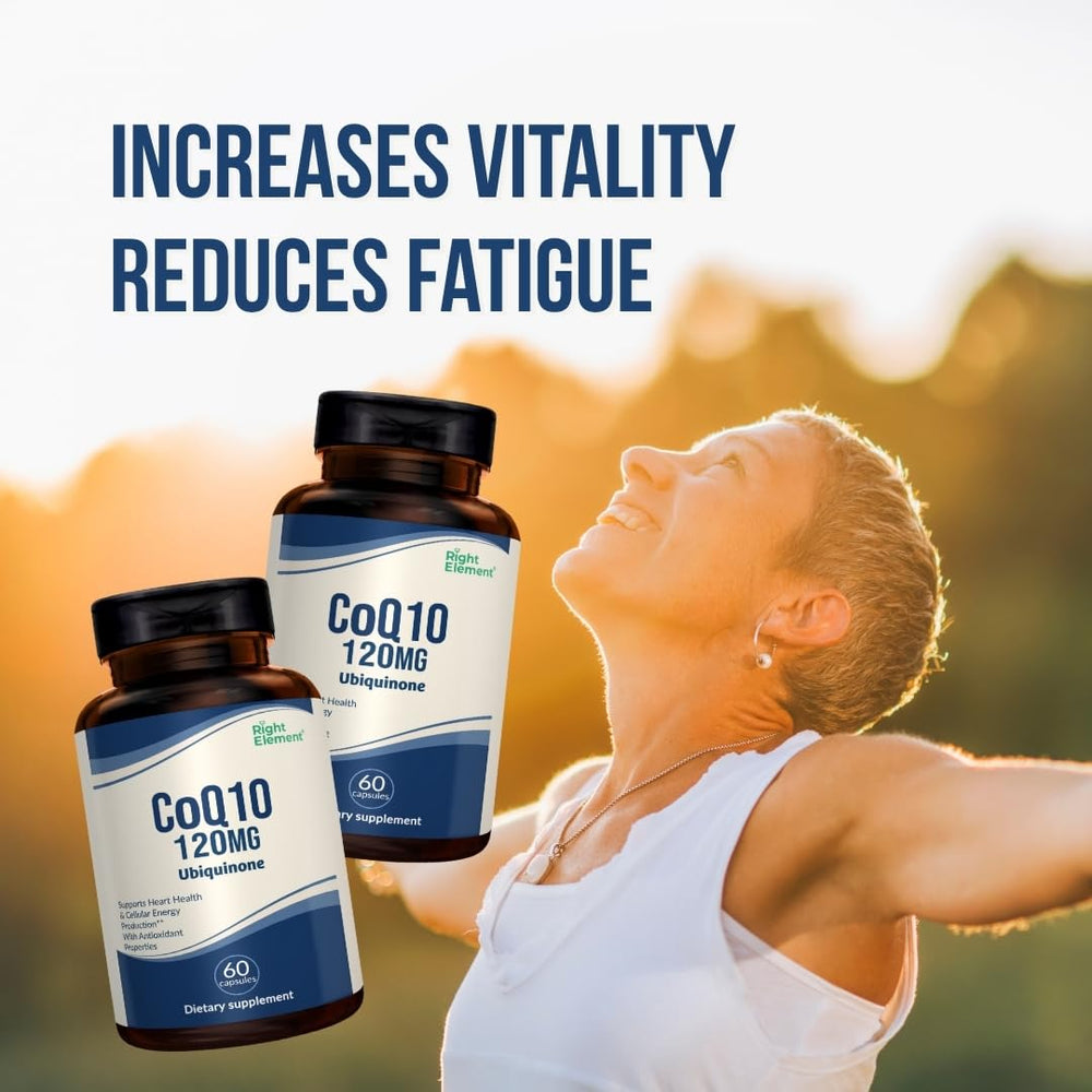 RIGHT ELEMENT CoQ10 120mg capsules closeup highlights smooth soft capsules.