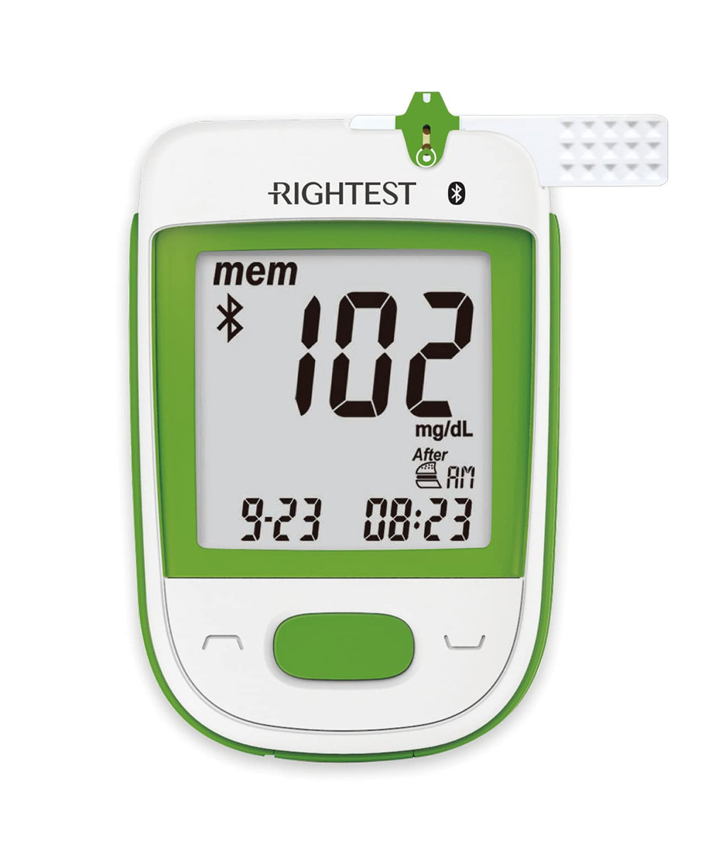 RIGHTEST GT333 meter shown with compatible test strips for easy at-home testing.