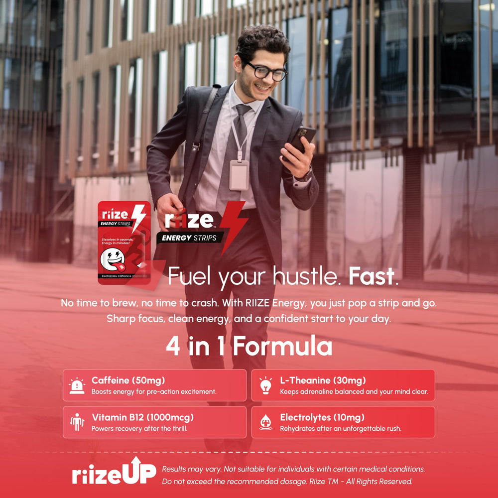 Riize Energy Strips vegan formula with natural flavors for a clean taste on the move.