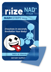 Riize NAD+ Strips on tongue dissolving quickly for convenient, water-free use.