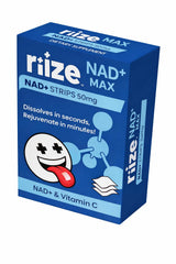 Riize NAD+ Strips packaging close-up showing travel-friendly, individually wrapped design for on-the-go use.